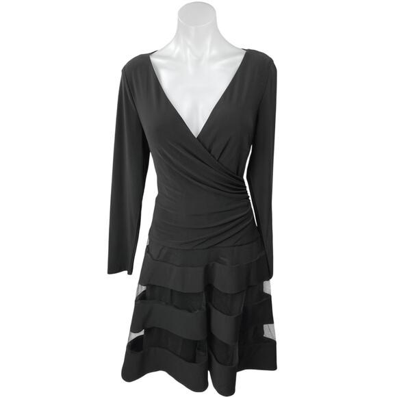 NEW LAUREN Ralph Lauren Black Tulle-Trim Faux Wrap Jersey Fit & Flare Dress 10 - Picture 1 of 6